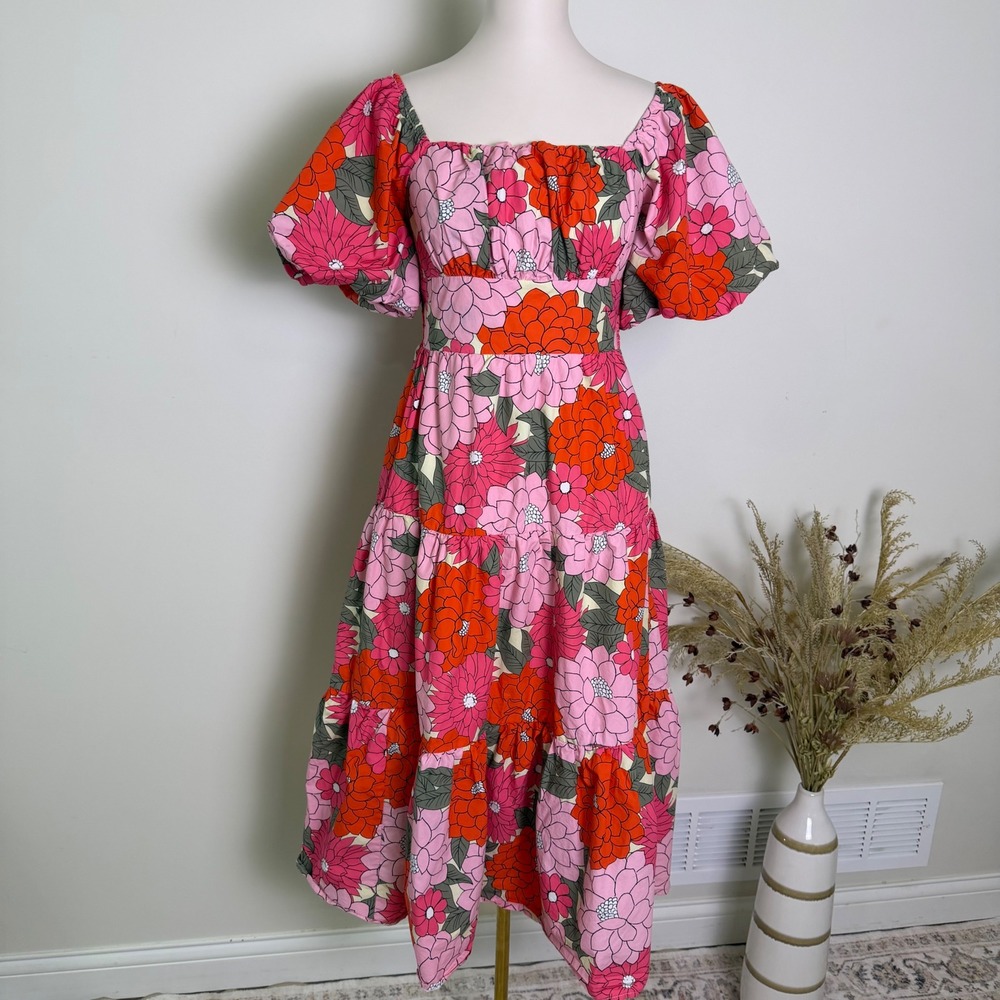 Listicle Floral Puff Sleeve Smocked Midi Dress Medium Pink Orange Pockets Retro